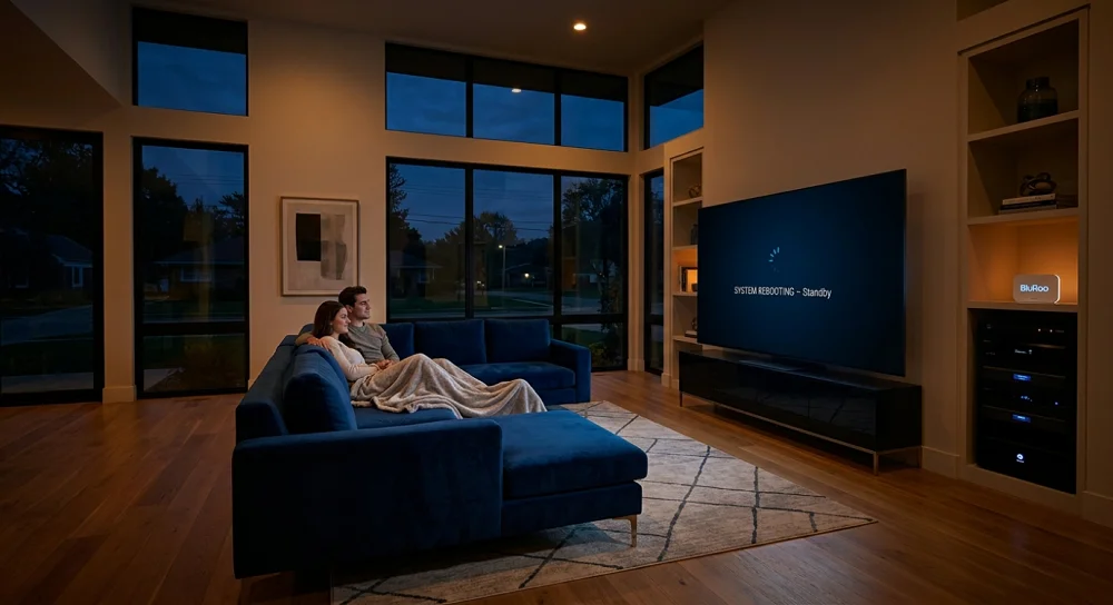 A couple sitting on a blue velvet sofa in a modern living room at night, looking at a large TV screen displaying a system reboot message.